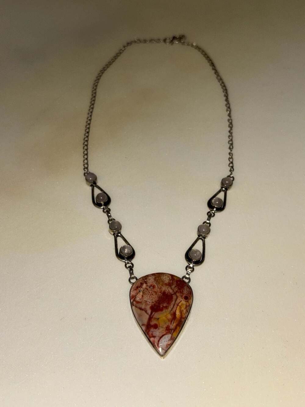 Birds Eye Jasper Teardrop Pendant with Rainbow Moonstone .925 Sterling Silver